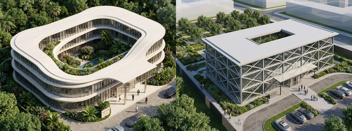 Two ME’YOR architectural concepts: a fluid courtyard building and a glass building with diagonal bracing